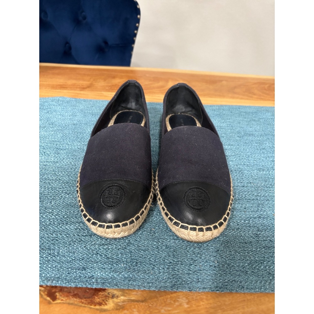 Tory Burch Navy Black Canvas Leather Logo Cap Toe Espadrille Flats Shoes